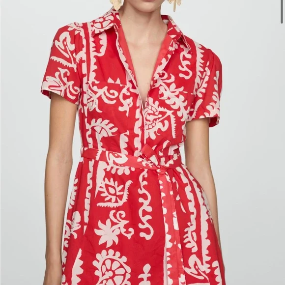Mango Red & White Print Patterned Mini Dress in 100% Cotton with Pockets - Picture 3 of 14
